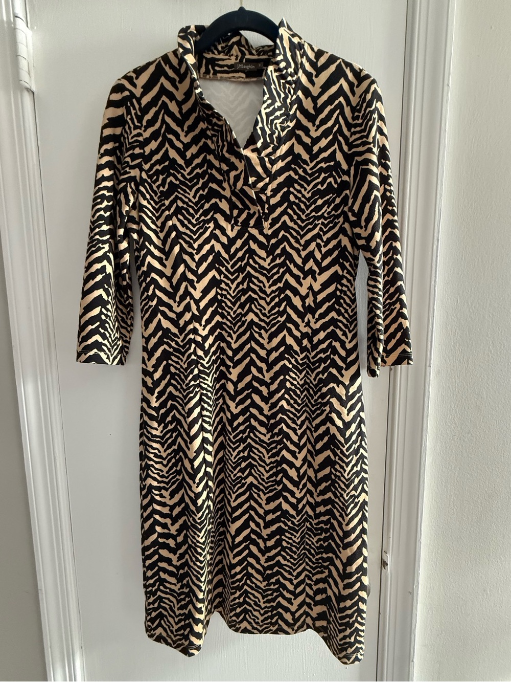 J. McLaughlin Black and Tan Zebra-Print Midi Shift Dress Size S